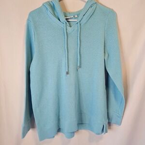 Chico's Waffle Knit Pullover Hoodie Size 2 L Light Blue Coastal Casual Beach